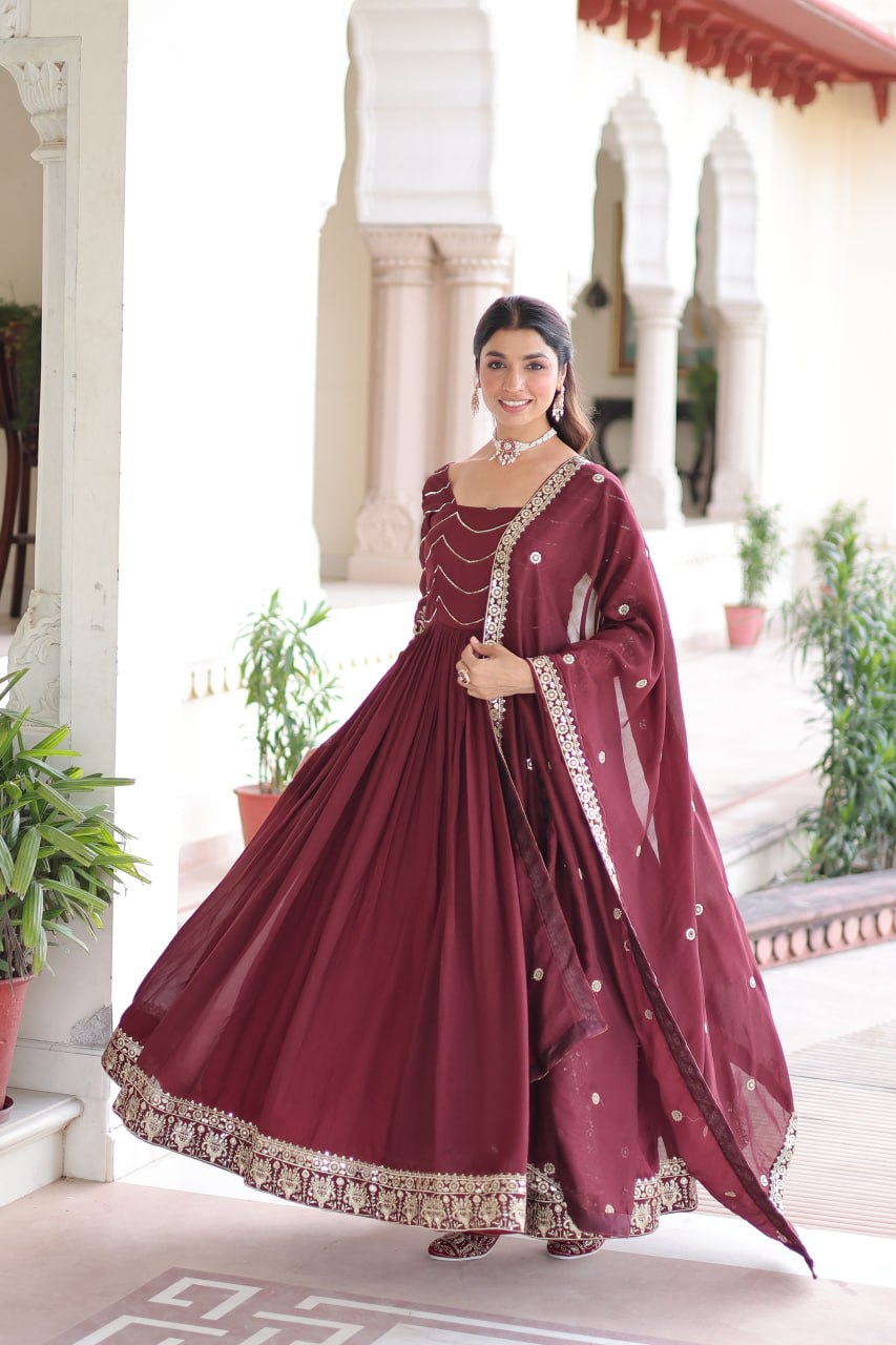 Lehenga Mart Premium Readymade Gown With Dupatta Set For Women-Brown