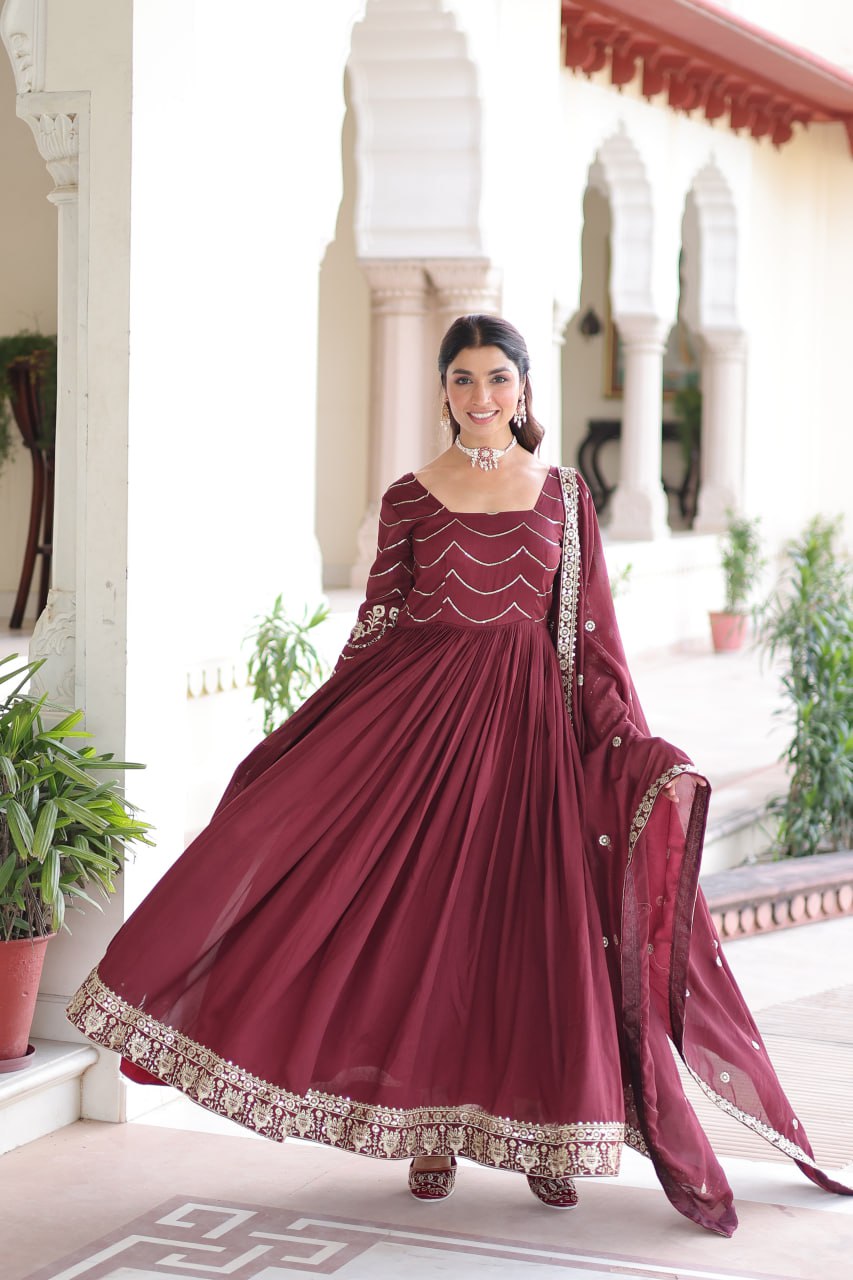 Lehenga Mart Premium Readymade Gown With Dupatta Set For Women-Brown