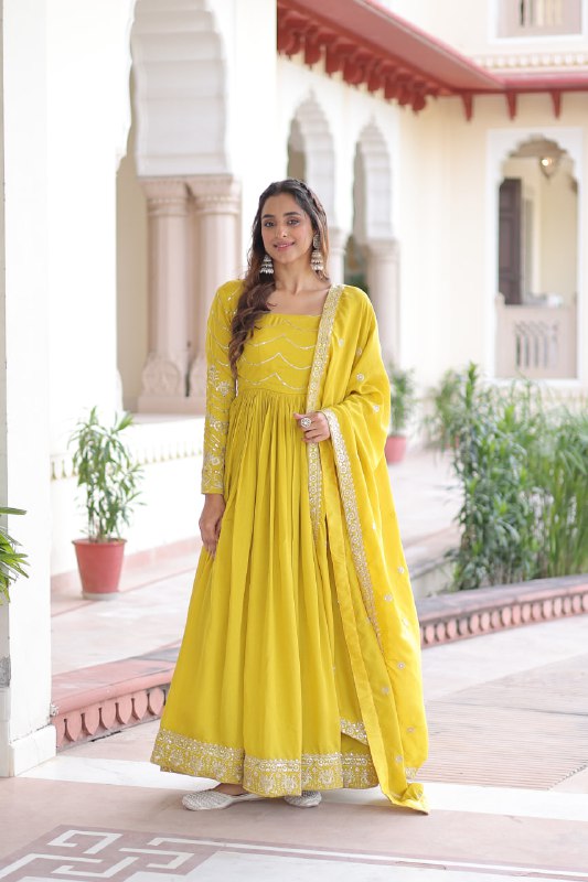 Lehenga Mart Premium Readymade Gown With Dupatta Set For Women-Yellow