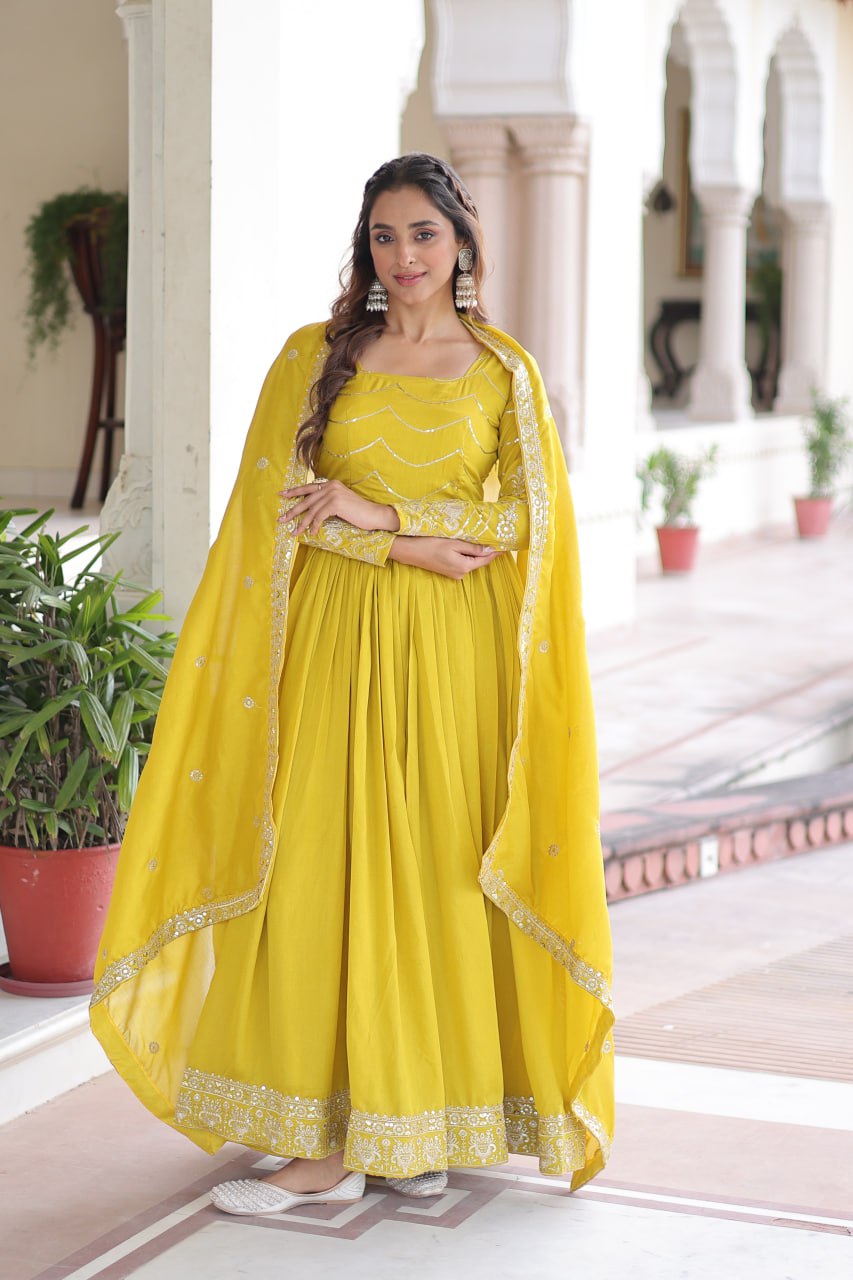 Lehenga Mart Premium Readymade Gown With Dupatta Set For Women-Yellow