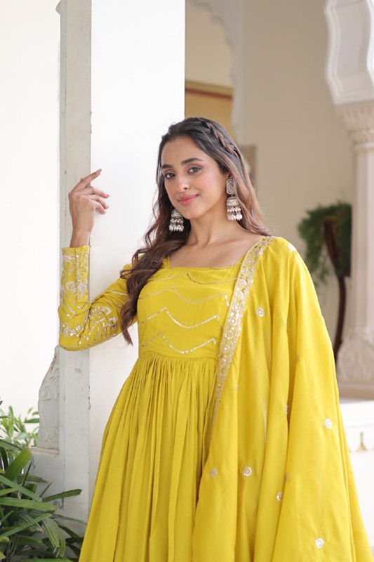 Lehenga Mart Premium Readymade Gown With Dupatta Set For Women-Yellow