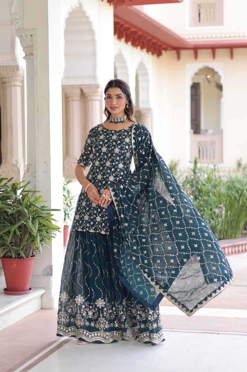 Lehenga Mart Premium Readymade Kurti Sharara With Dupatta Set For Women-Teal Blue
