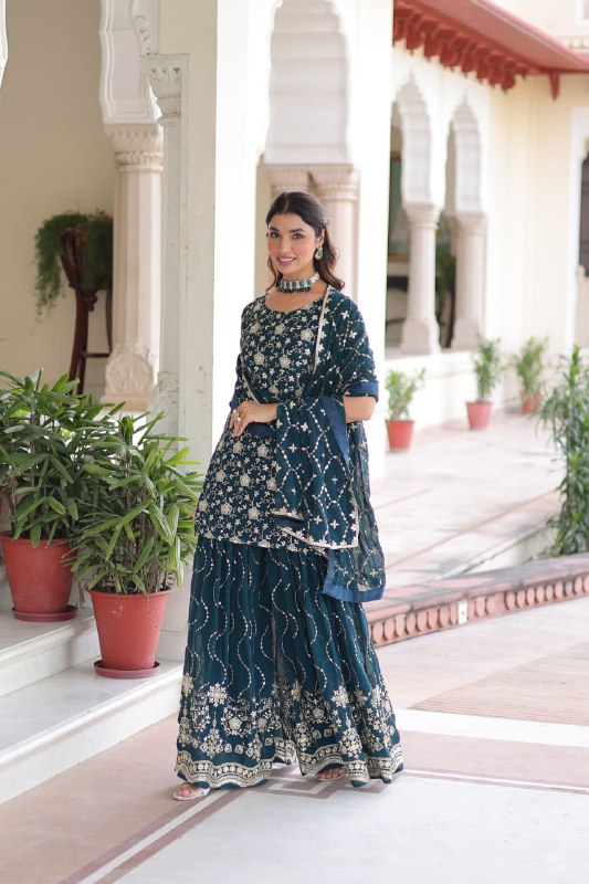 Lehenga Mart Premium Readymade Kurti Sharara With Dupatta Set For Women-Teal Blue