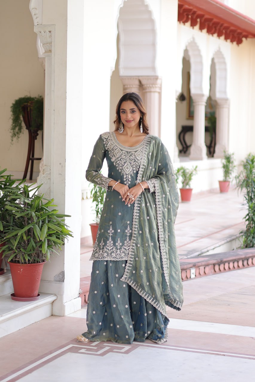 Lehenga Mart Premium Readymade Top Sharara With Dupatta Set For Women-Grey