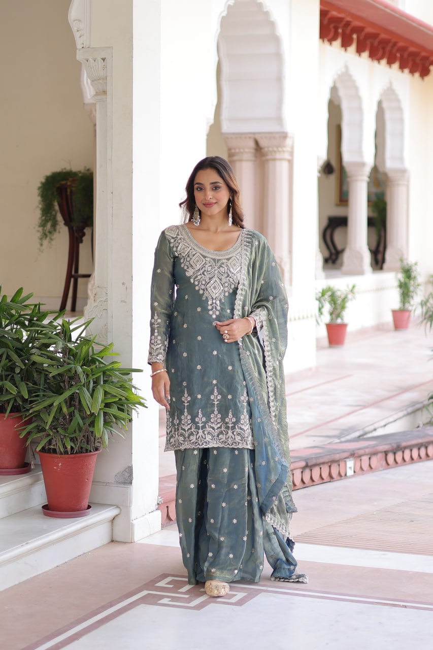Lehenga Mart Premium Readymade Top Sharara With Dupatta Set For Women-Grey