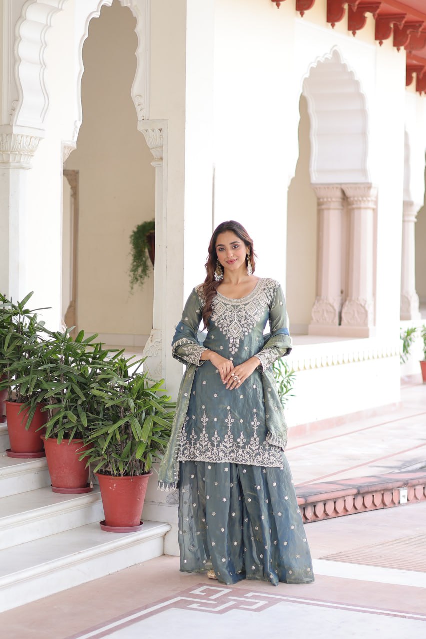 Lehenga Mart Premium Readymade Top Sharara With Dupatta Set For Women-Grey