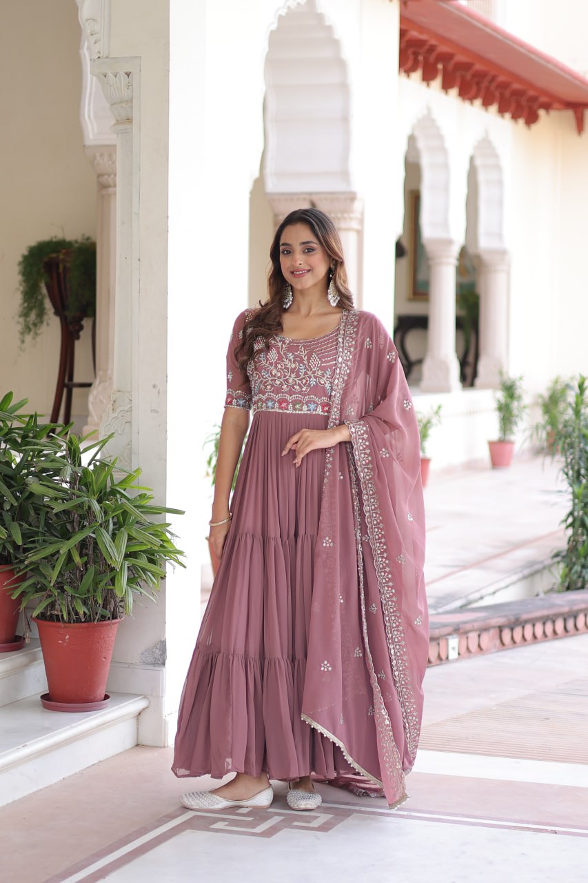 Lehenga Mart Premium Readymade Gown With Dupatta Set For Women-Mauve