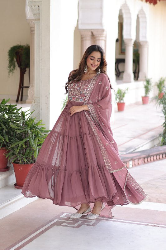 Lehenga Mart Premium Readymade Gown With Dupatta Set For Women-Mauve