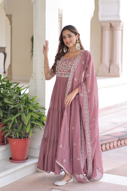 Lehenga Mart Premium Readymade Gown With Dupatta Set For Women-Mauve
