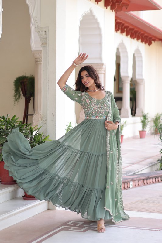 Lehenga Mart Premium Readymade Gown With Dupatta Set For Women-Sage Green