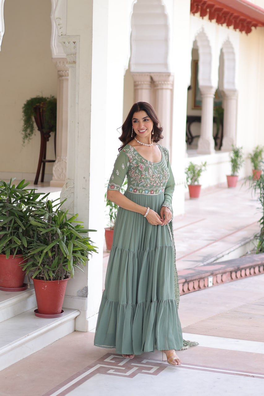 Lehenga Mart Premium Readymade Gown With Dupatta Set For Women-Sage Green