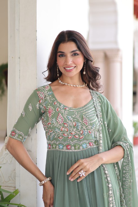 Lehenga Mart Premium Readymade Gown With Dupatta Set For Women-Sage Green