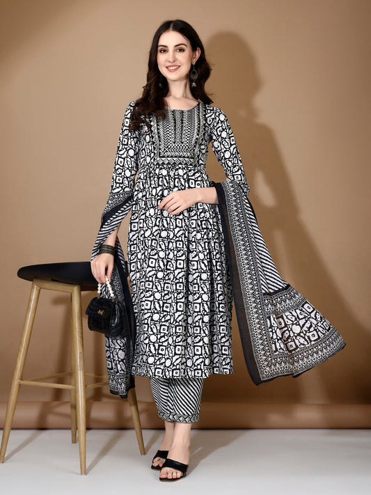 Embroidered & Printed Nyra Cut Kurta With Pant & Dupatta, Black - Hiral Fashion