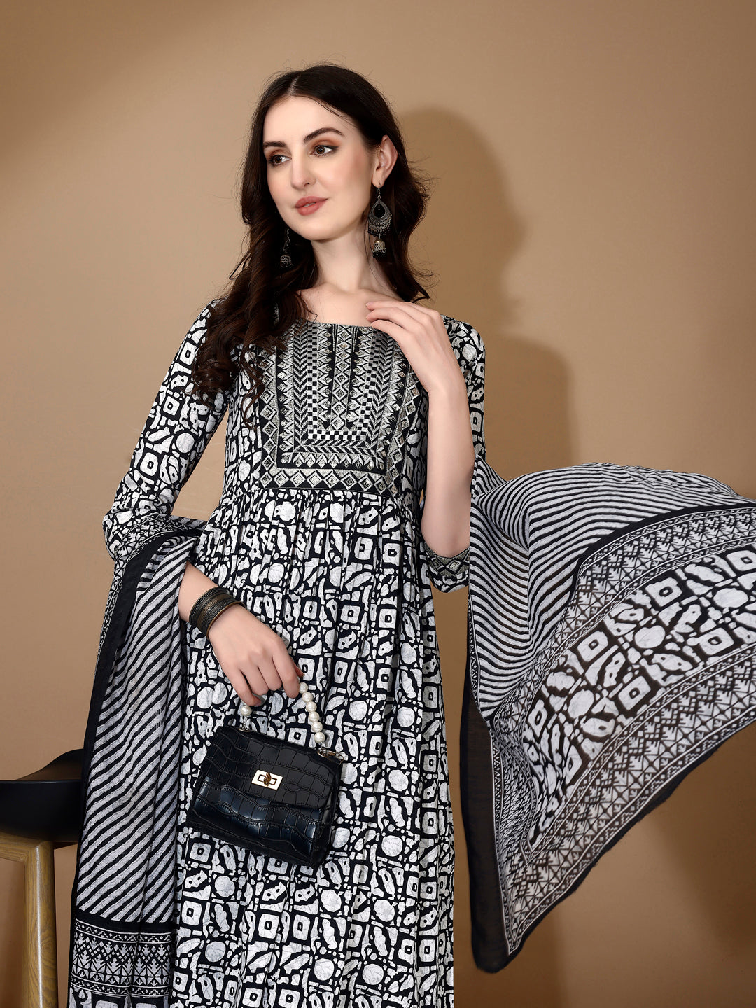 Embroidered & Printed Nyra Cut Kurta With Pant & Dupatta, Black - Hiral Fashion