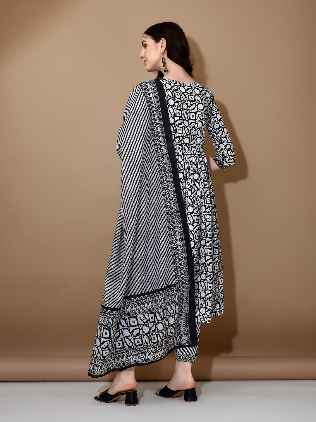 Embroidered & Printed Nyra Cut Kurta With Pant & Dupatta, Black - Hiral Fashion