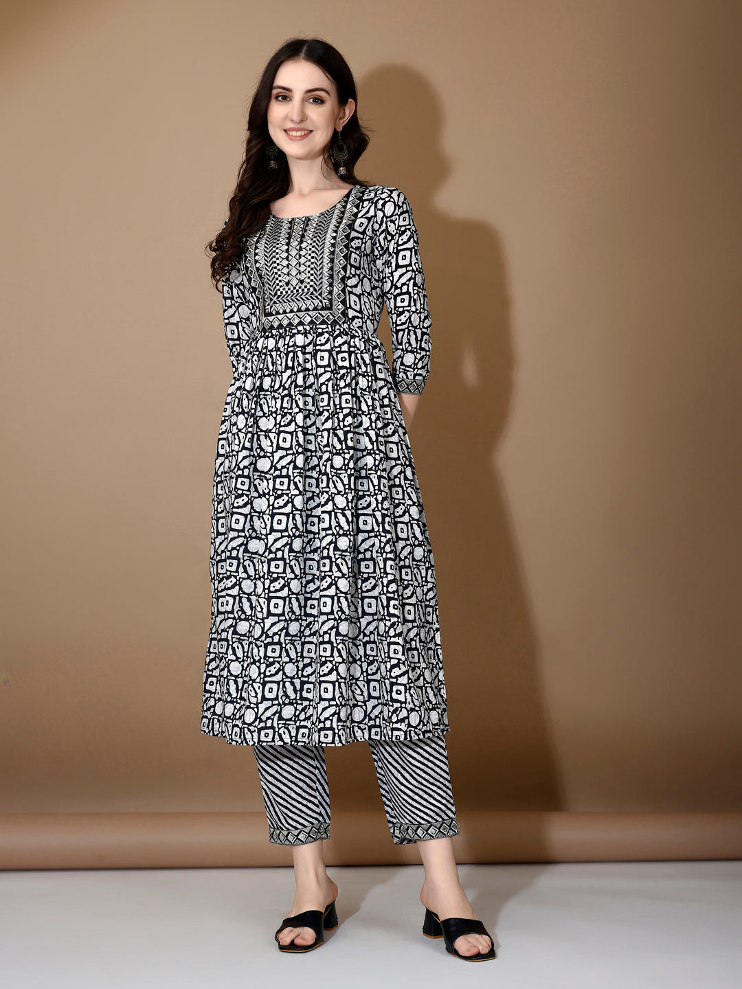 Embroidered & Printed Nyra Cut Kurta With Pant & Dupatta, Black - Hiral Fashion