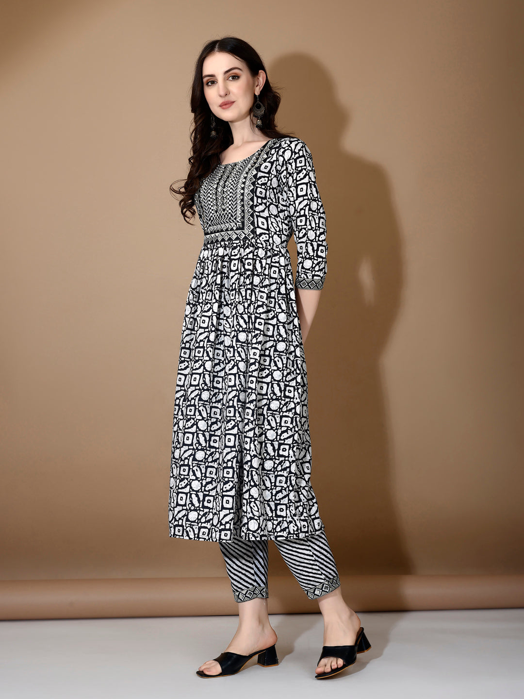 Embroidered & Printed Nyra Cut Kurta With Pant & Dupatta, Black - Hiral Fashion