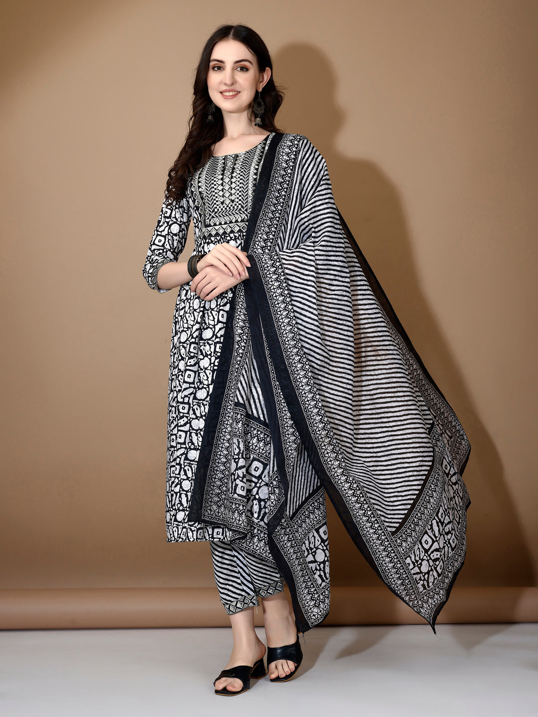 Embroidered & Printed Nyra Cut Kurta With Pant & Dupatta, Black - Hiral Fashion
