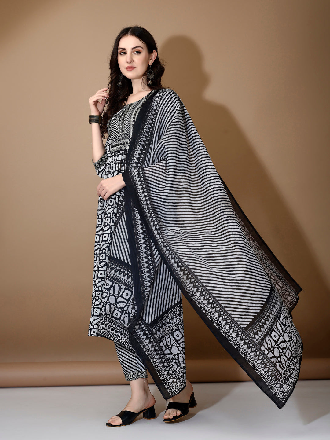 Embroidered & Printed Nyra Cut Kurta With Pant & Dupatta, Black - Hiral Fashion