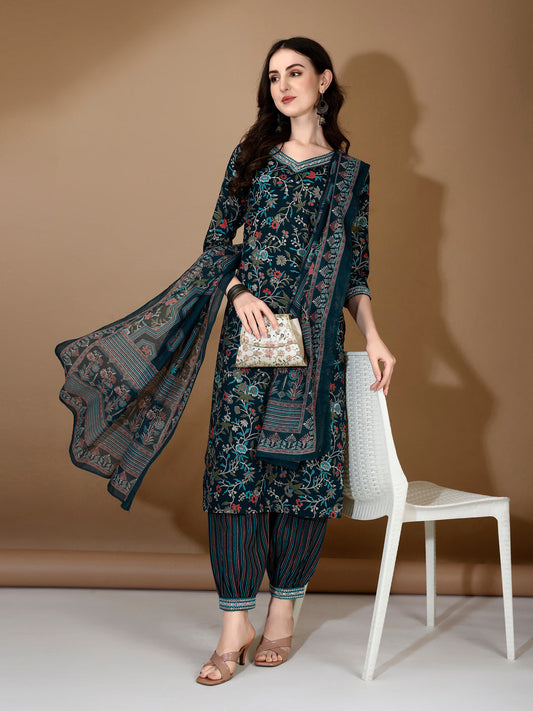Embroidered & Printed Nyra Cut Kurta With Pant & Dupatta, Blue - Hiral Fashion