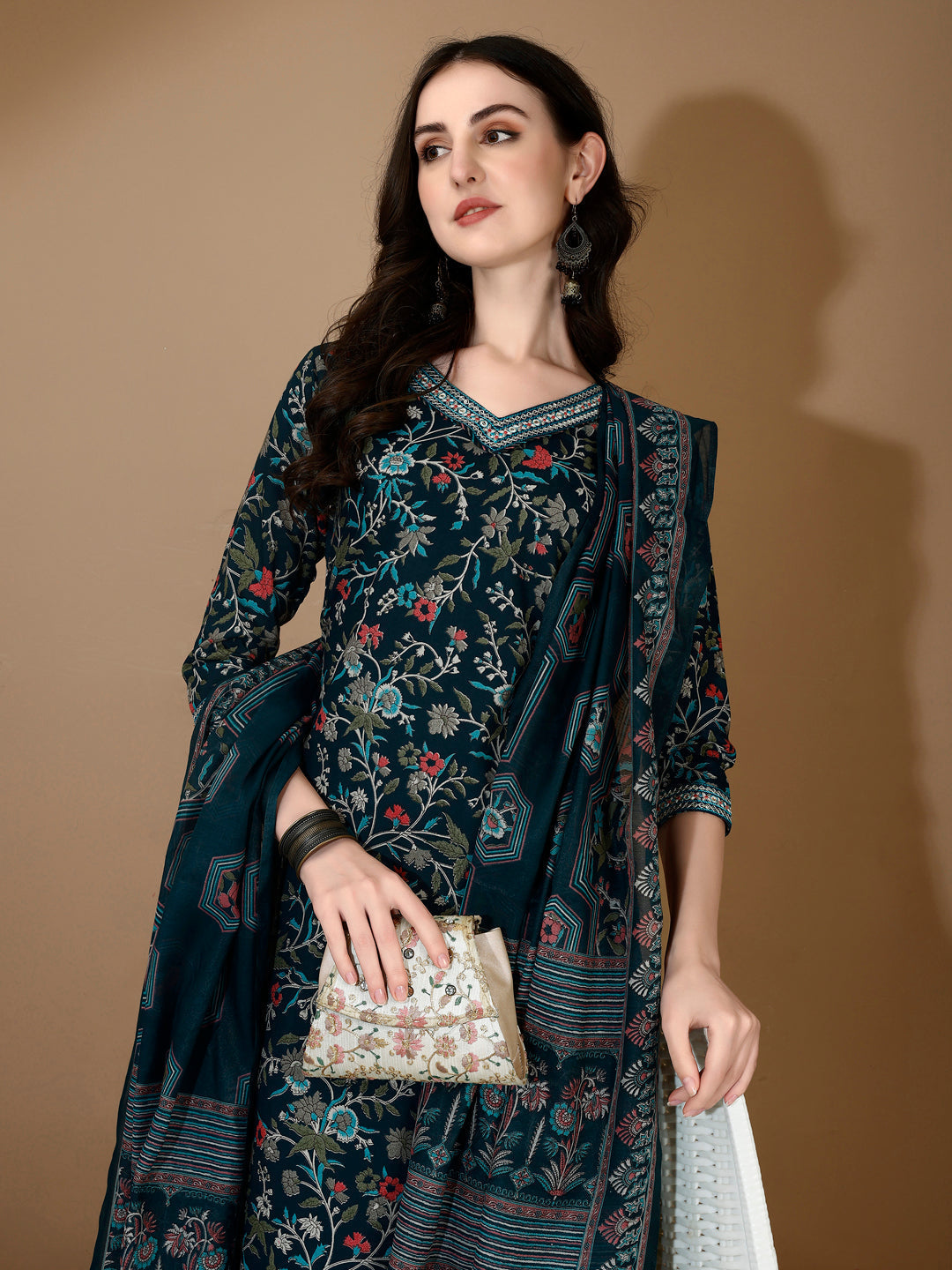 Embroidered & Printed Nyra Cut Kurta With Pant & Dupatta, Blue - Hiral Fashion