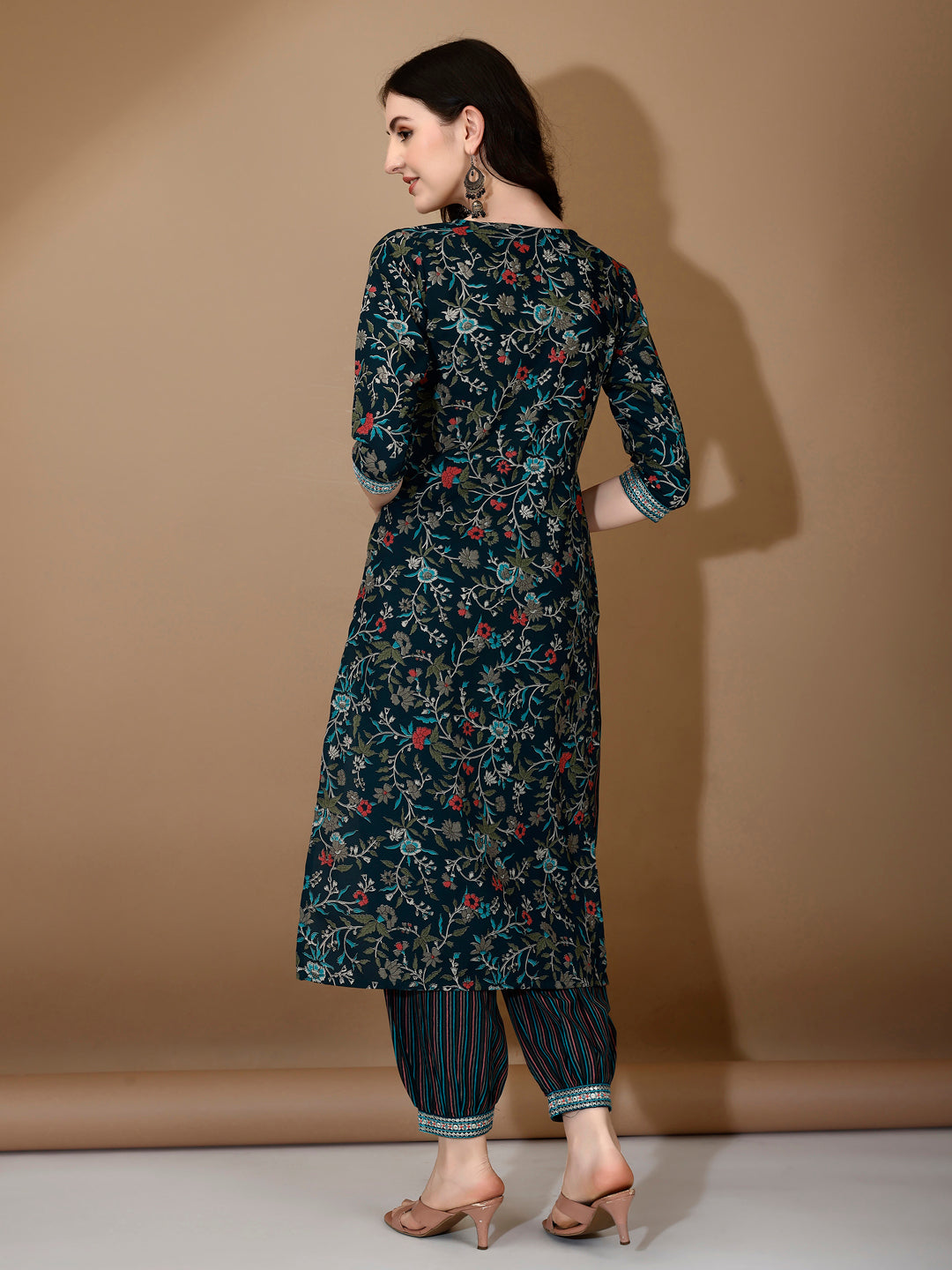 Embroidered & Printed Nyra Cut Kurta With Pant & Dupatta, Blue - Hiral Fashion