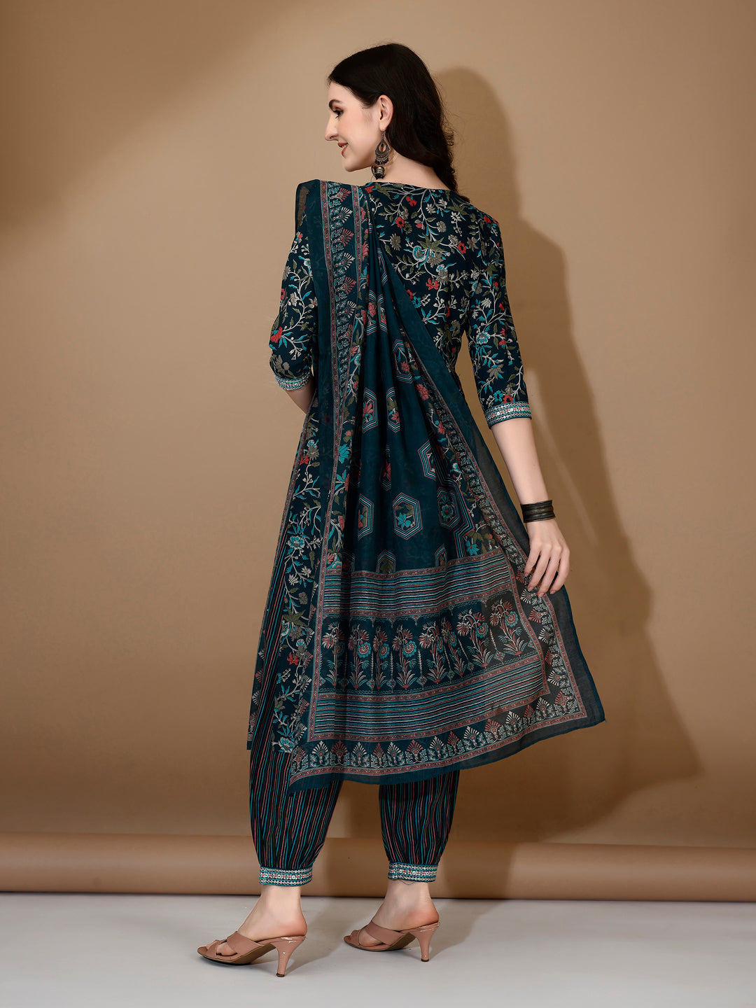 Embroidered & Printed Nyra Cut Kurta With Pant & Dupatta, Blue - Hiral Fashion