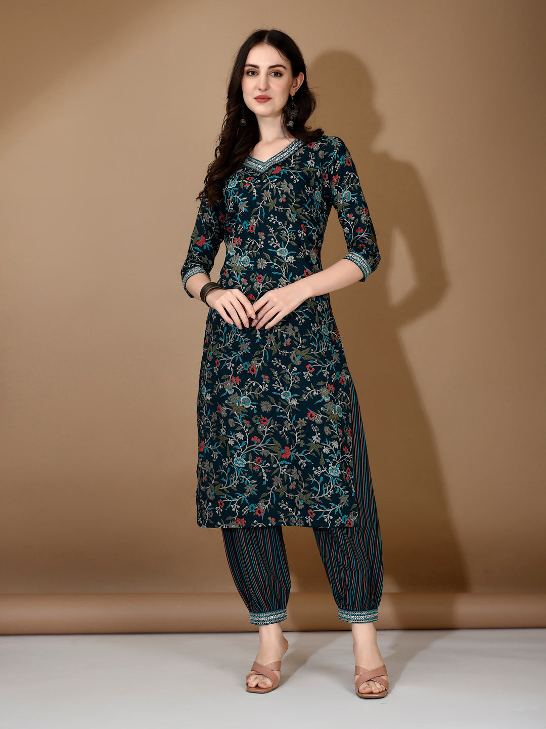 Embroidered & Printed Nyra Cut Kurta With Pant & Dupatta, Blue - Hiral Fashion