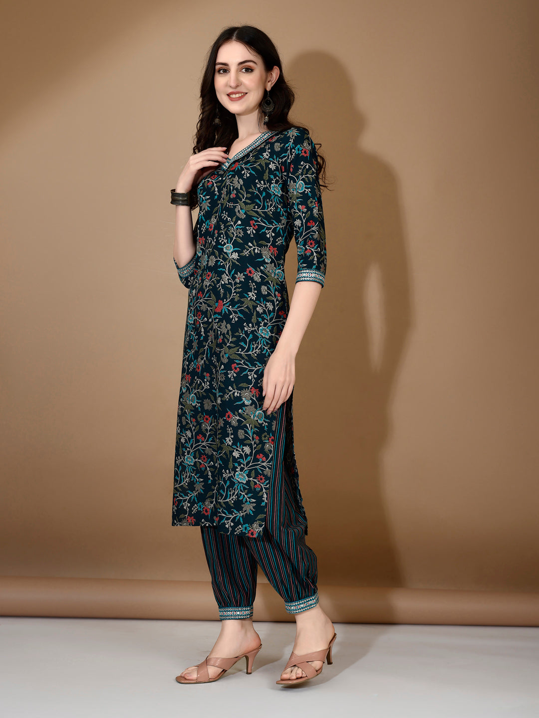 Embroidered & Printed Nyra Cut Kurta With Pant & Dupatta, Blue - Hiral Fashion