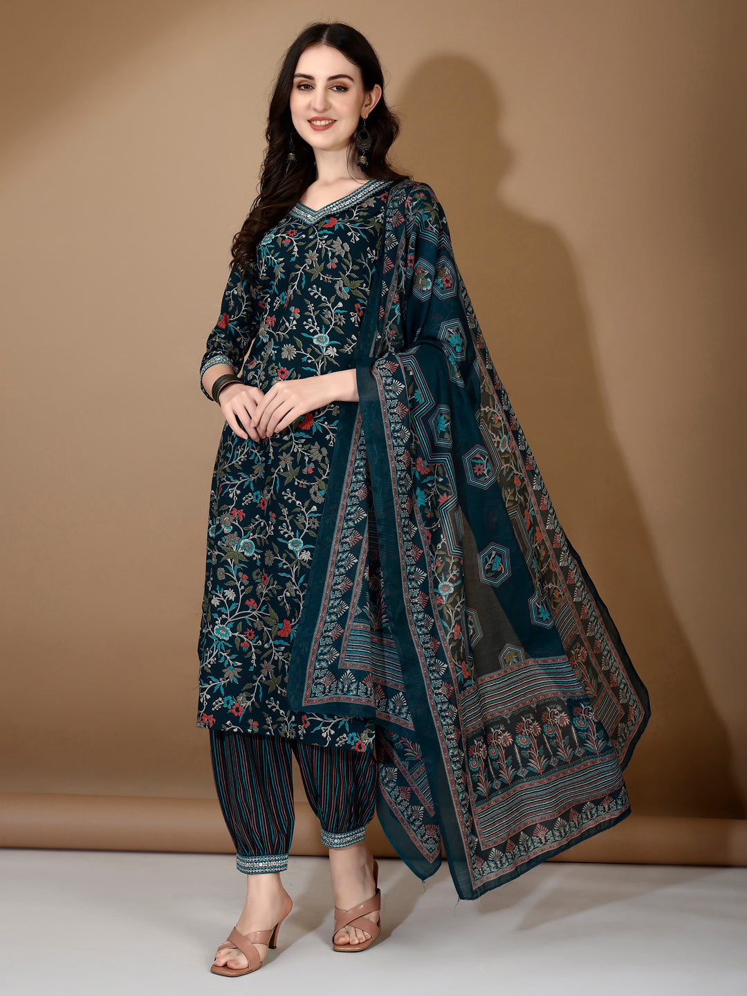 Embroidered & Printed Nyra Cut Kurta With Pant & Dupatta, Blue - Hiral Fashion