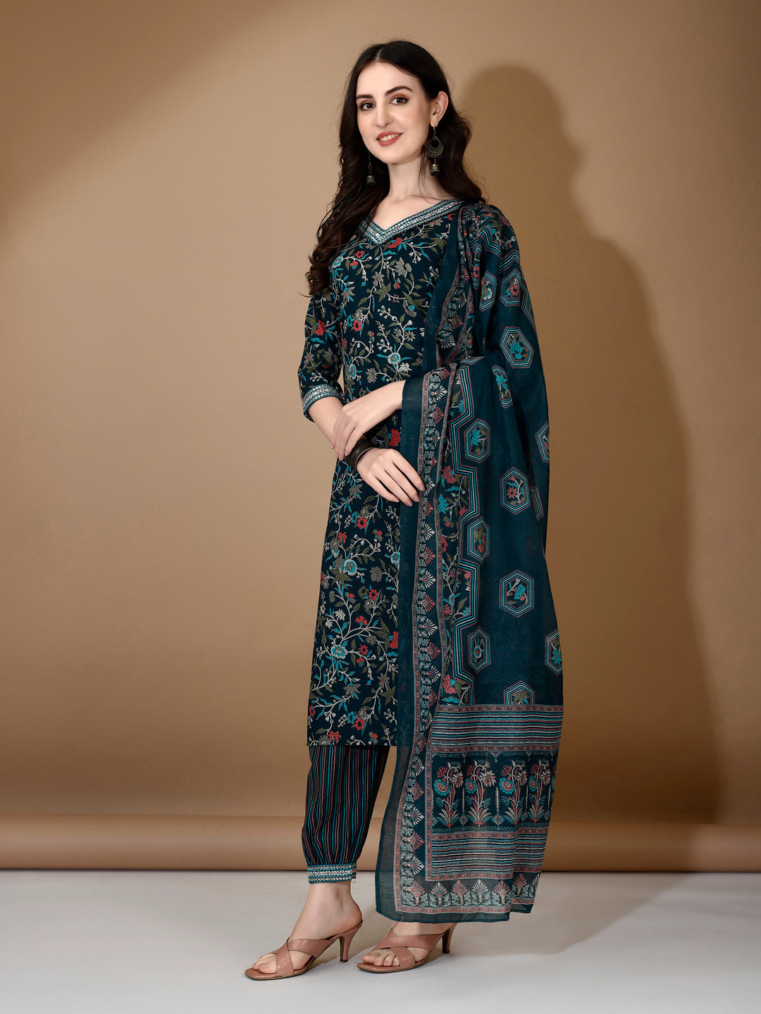 Embroidered & Printed Nyra Cut Kurta With Pant & Dupatta, Blue - Hiral Fashion