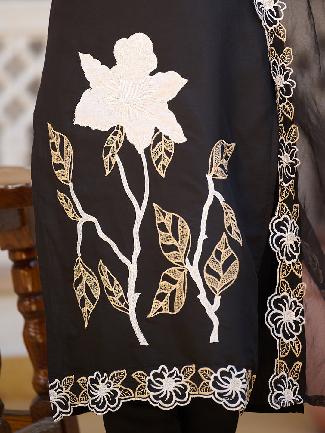 Embroidered Kurta With Pant & Embroidered Cut Work Organza Dupatta, Black - Hiral Fashion