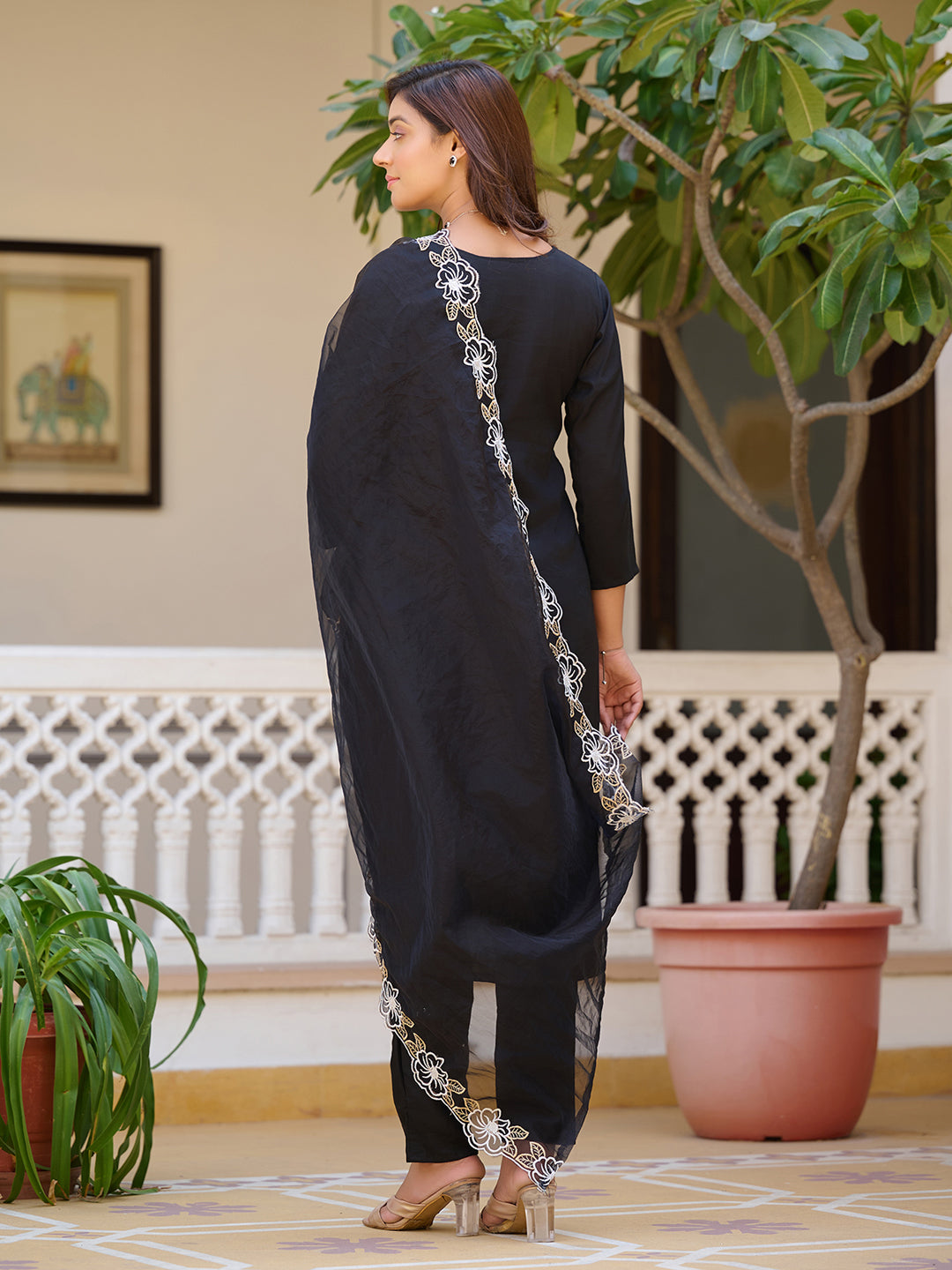 Embroidered Kurta With Pant & Embroidered Cut Work Organza Dupatta, Black - Hiral Fashion