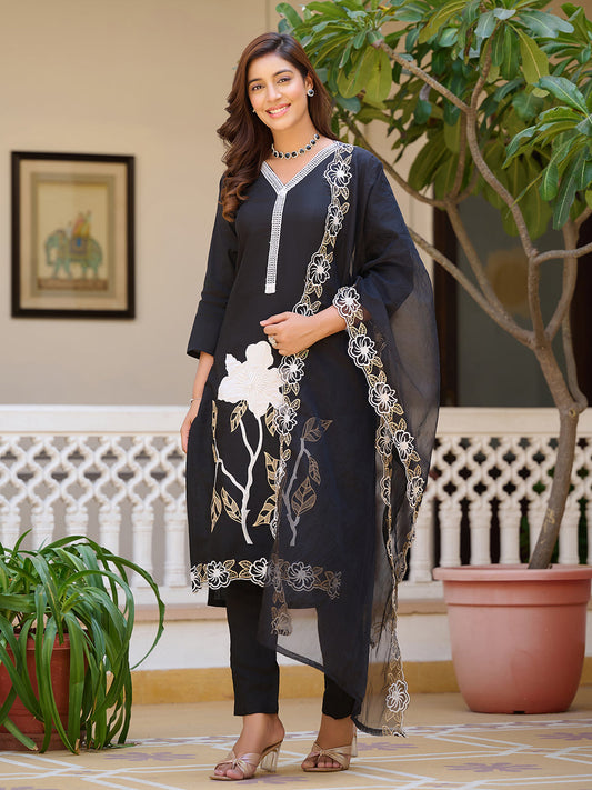 Embroidered Kurta With Pant & Embroidered Cut Work Organza Dupatta, Black - Hiral Fashion