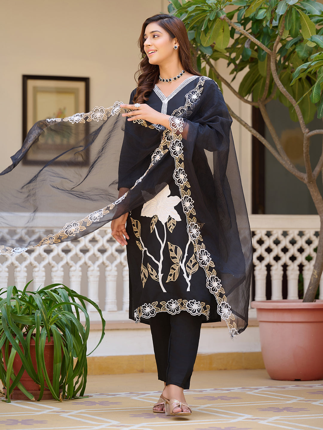 Embroidered Kurta With Pant & Embroidered Cut Work Organza Dupatta, Black - Hiral Fashion