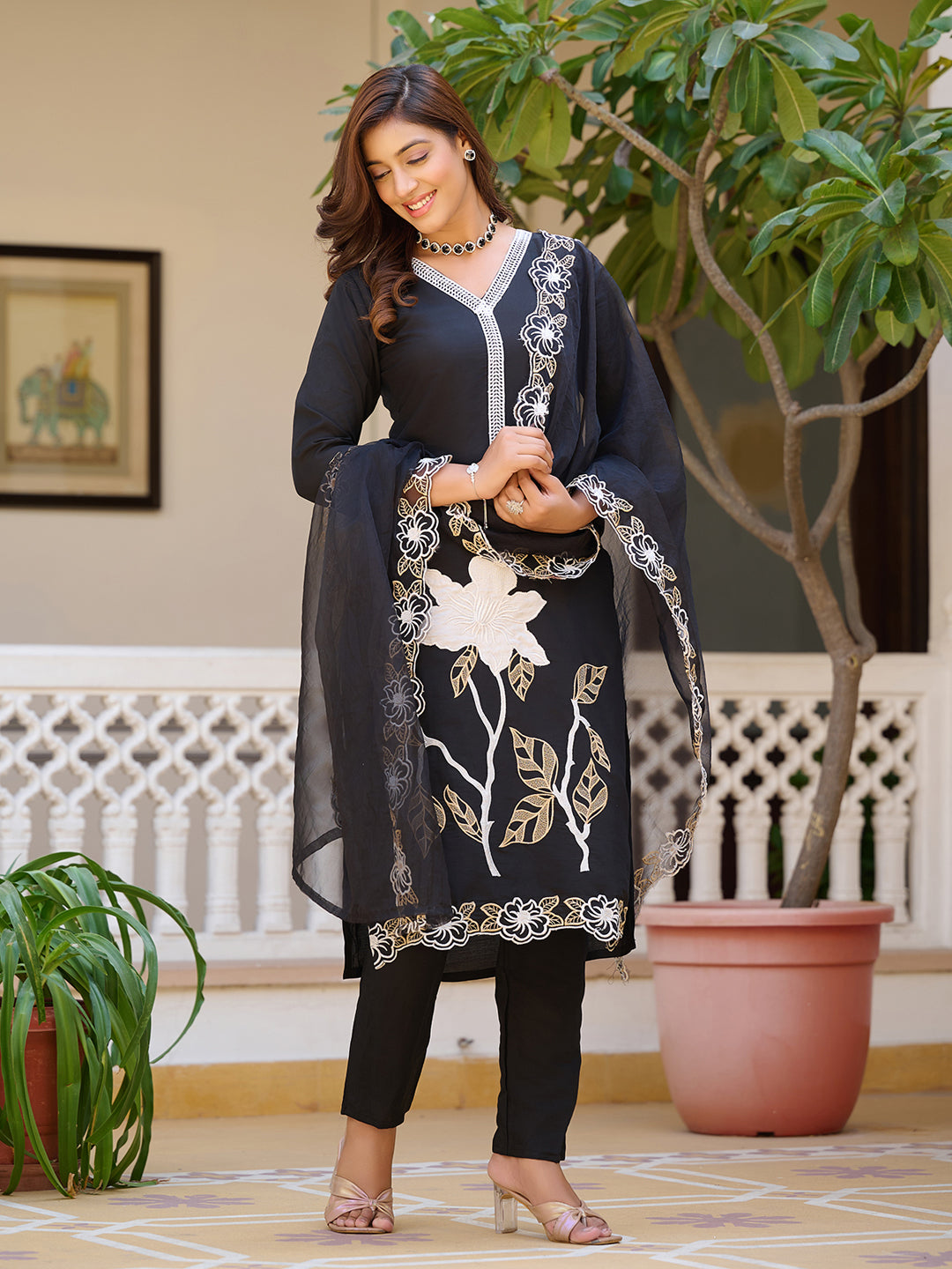Embroidered Kurta With Pant & Embroidered Cut Work Organza Dupatta, Black - Hiral Fashion