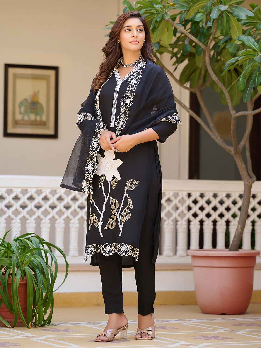 Embroidered Kurta With Pant & Embroidered Cut Work Organza Dupatta, Black - Hiral Fashion