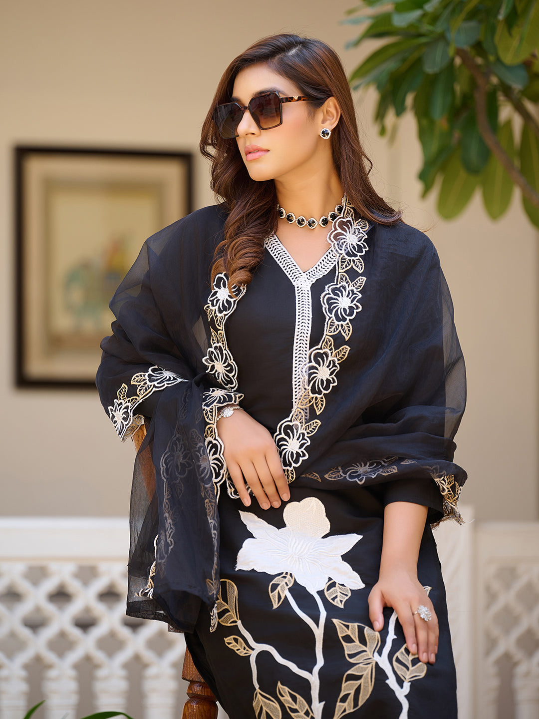 Embroidered Kurta With Pant & Embroidered Cut Work Organza Dupatta, Black - Hiral Fashion