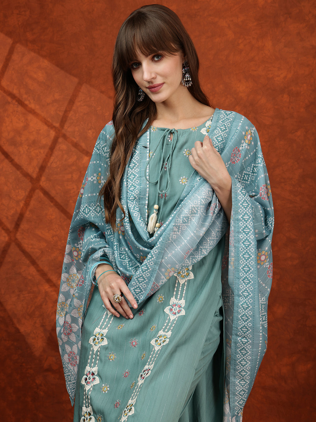 Floral Embroidered Tie Up Neck Kurta With Pant & Dupatta, Turquoise - Hiral Fashion