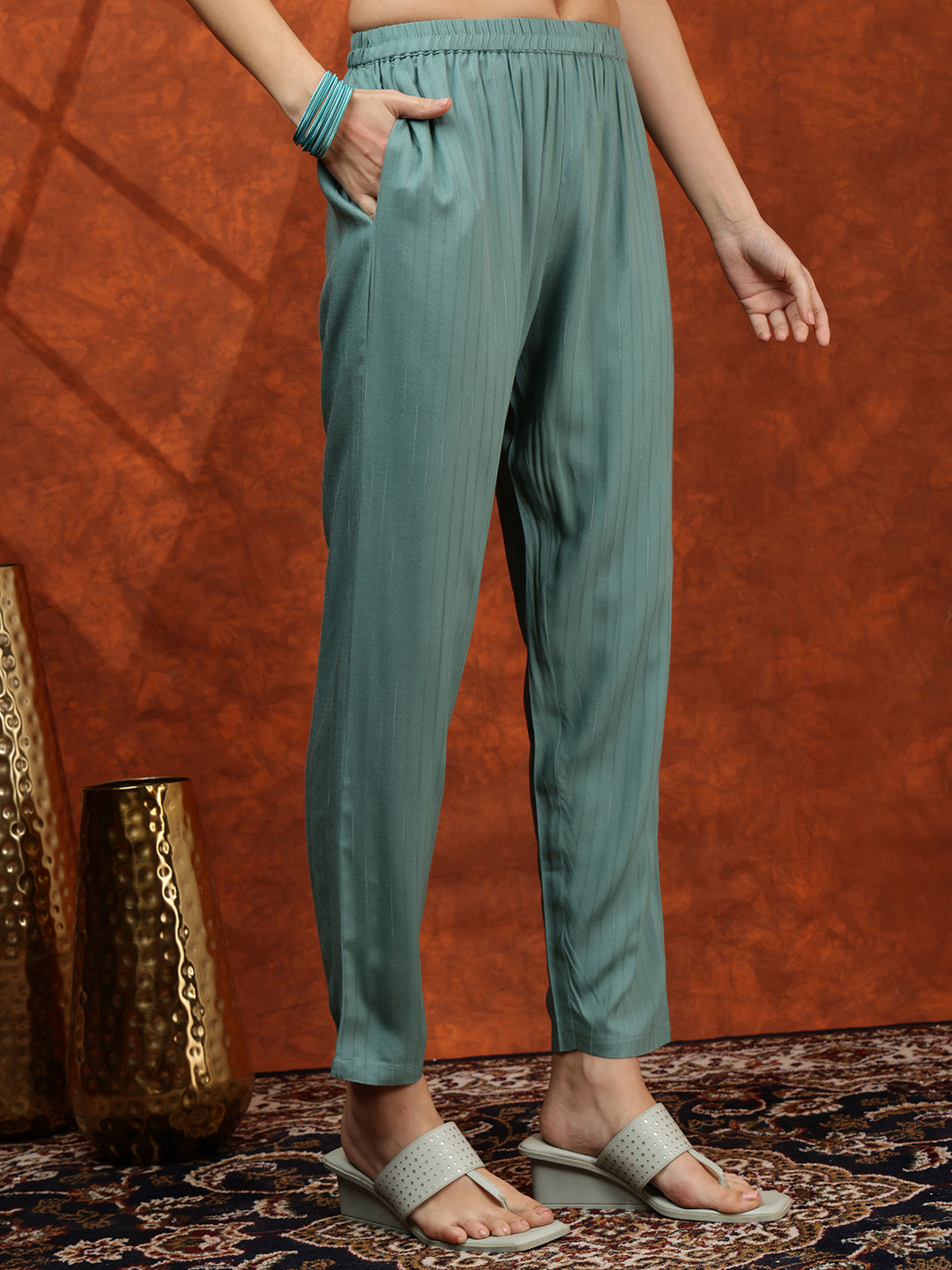 Floral Embroidered Tie Up Neck Kurta With Pant & Dupatta, Turquoise - Hiral Fashion
