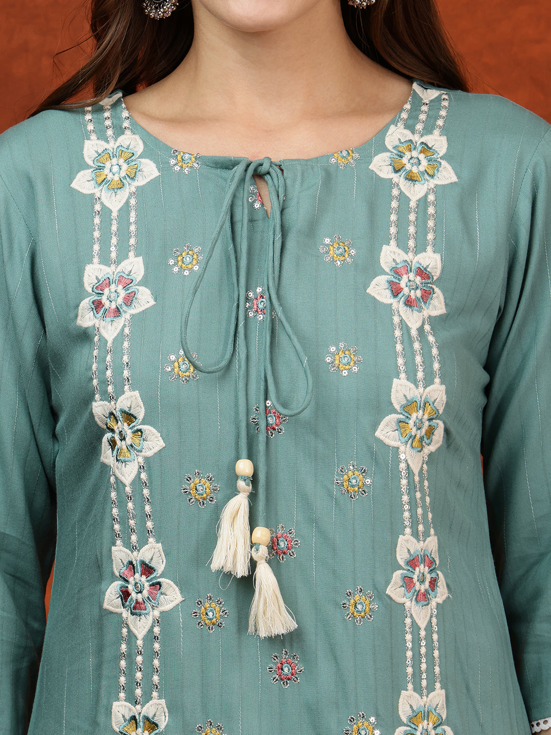Floral Embroidered Tie Up Neck Kurta With Pant & Dupatta, Turquoise - Hiral Fashion