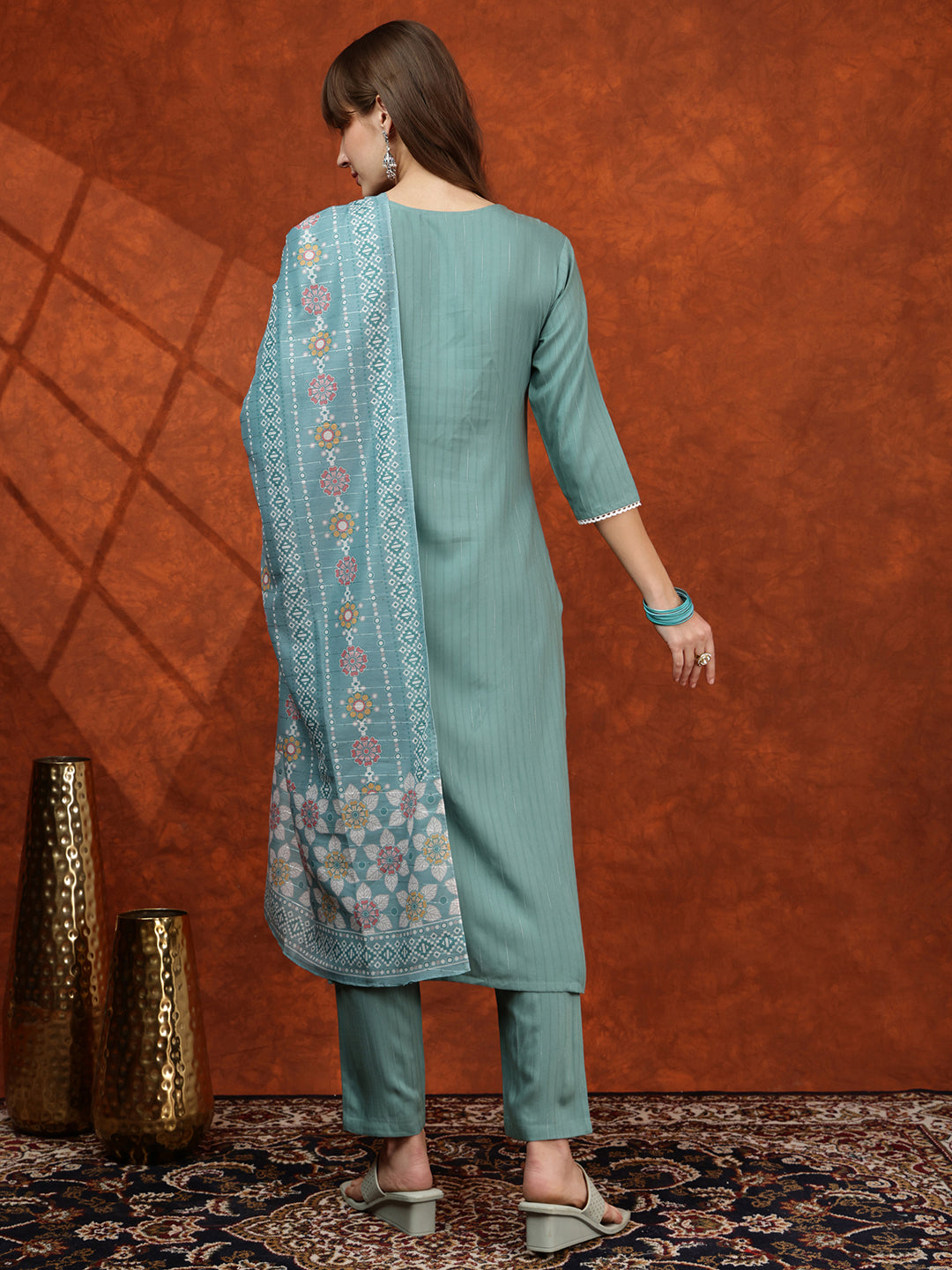Floral Embroidered Tie Up Neck Kurta With Pant & Dupatta, Turquoise - Hiral Fashion