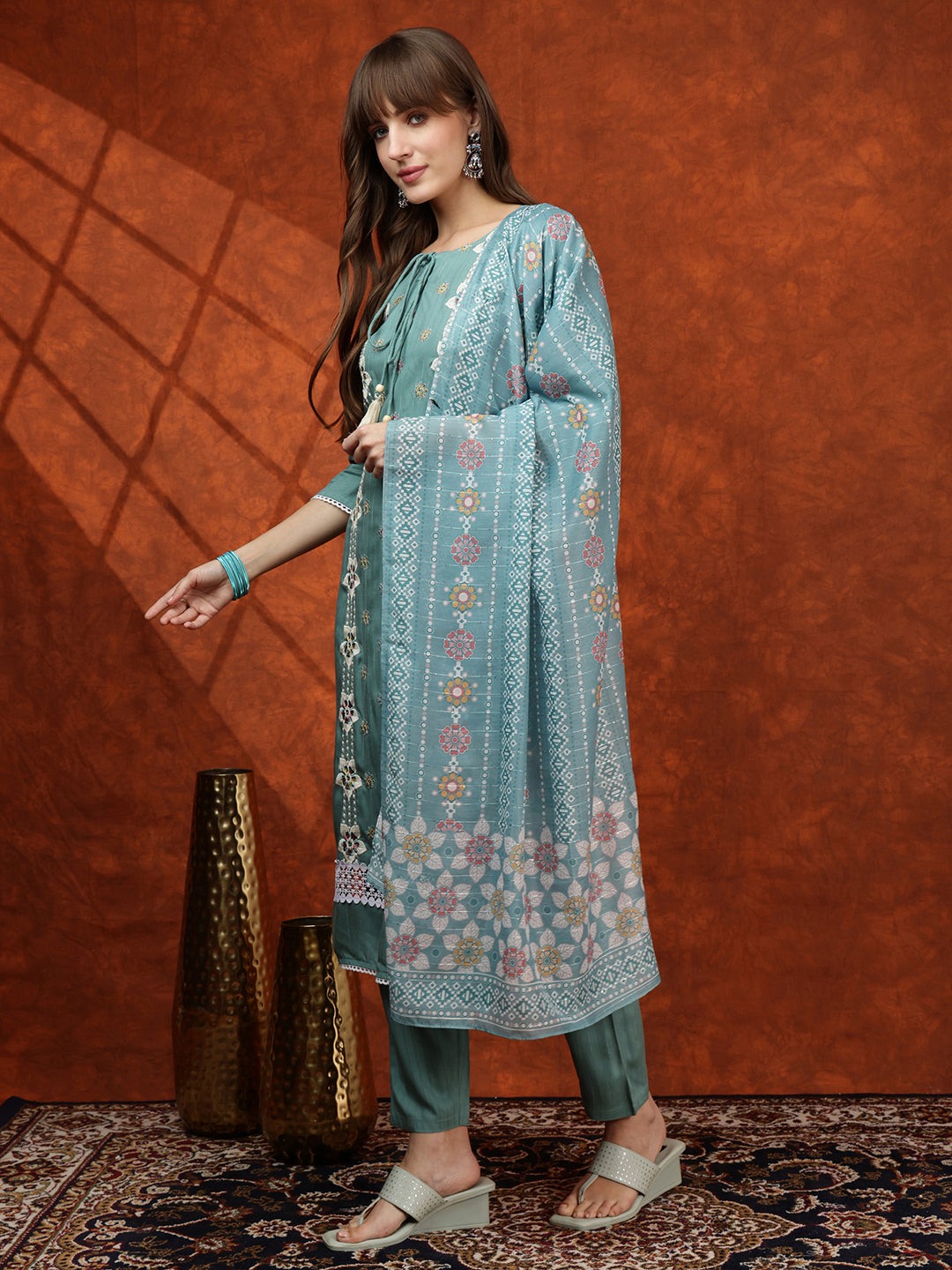 Floral Embroidered Tie Up Neck Kurta With Pant & Dupatta, Turquoise - Hiral Fashion
