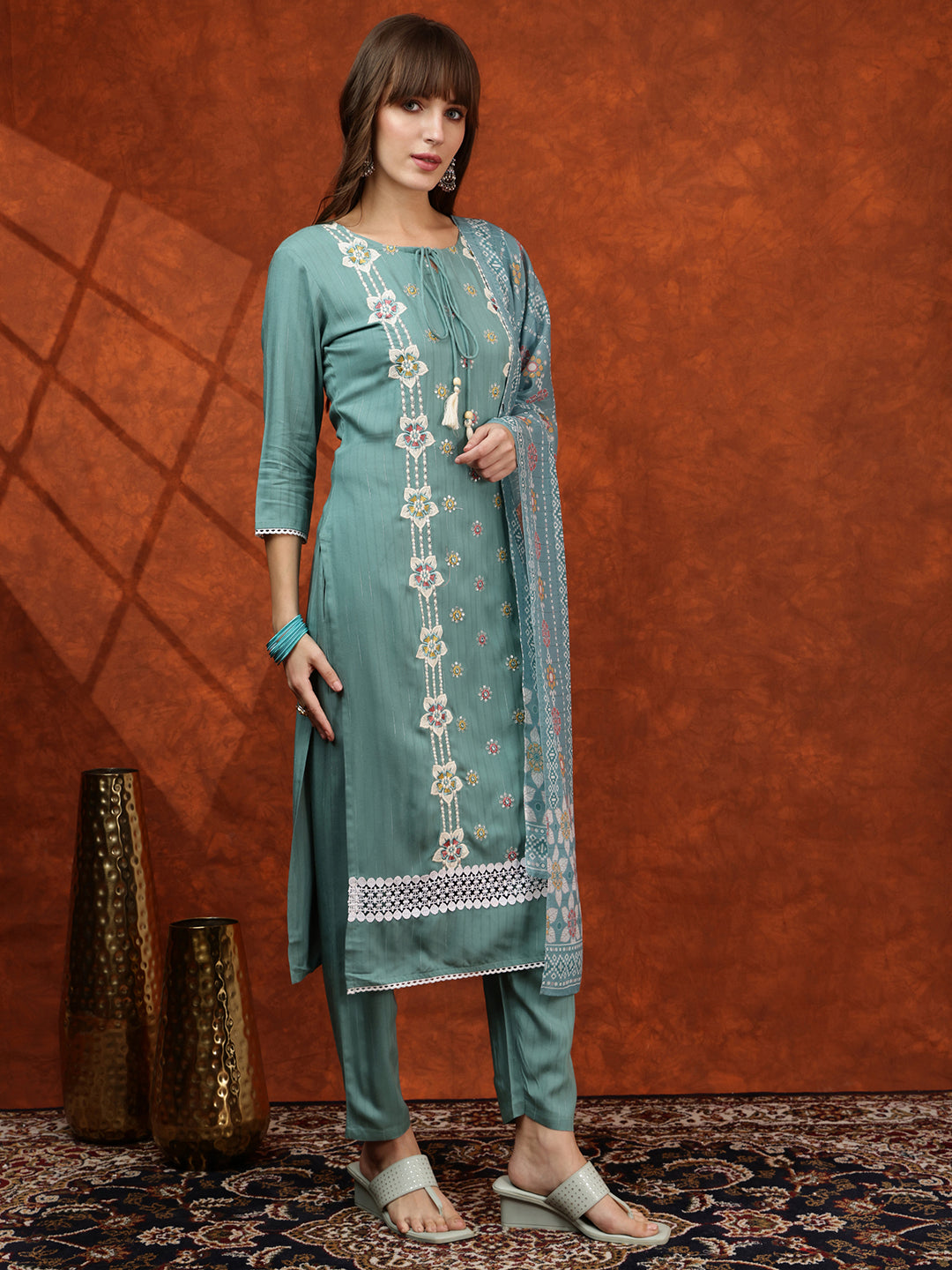 Floral Embroidered Tie Up Neck Kurta With Pant & Dupatta, Turquoise - Hiral Fashion