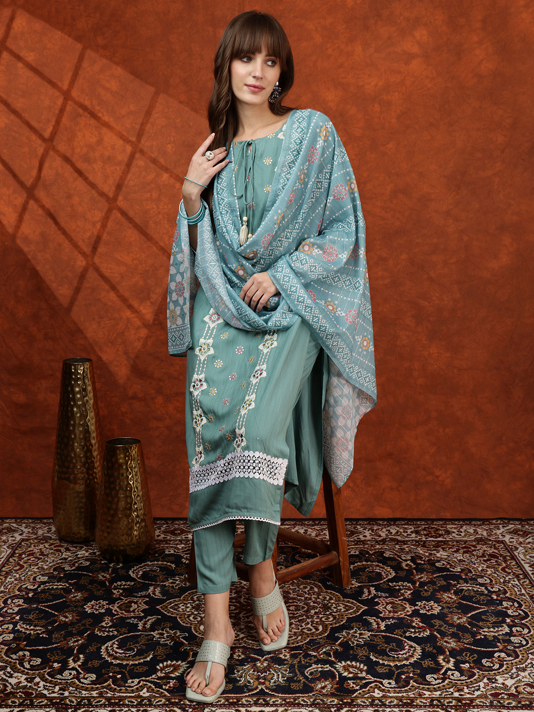 Floral Embroidered Tie Up Neck Kurta With Pant & Dupatta, Turquoise - Hiral Fashion