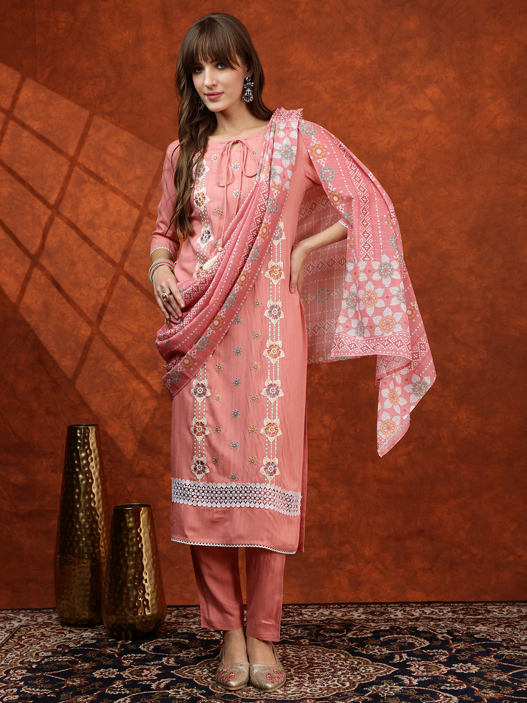 Floral Embroidered Tie Up Neck Kurta With Pant & Dupatta, Pink - Hiral Fashion