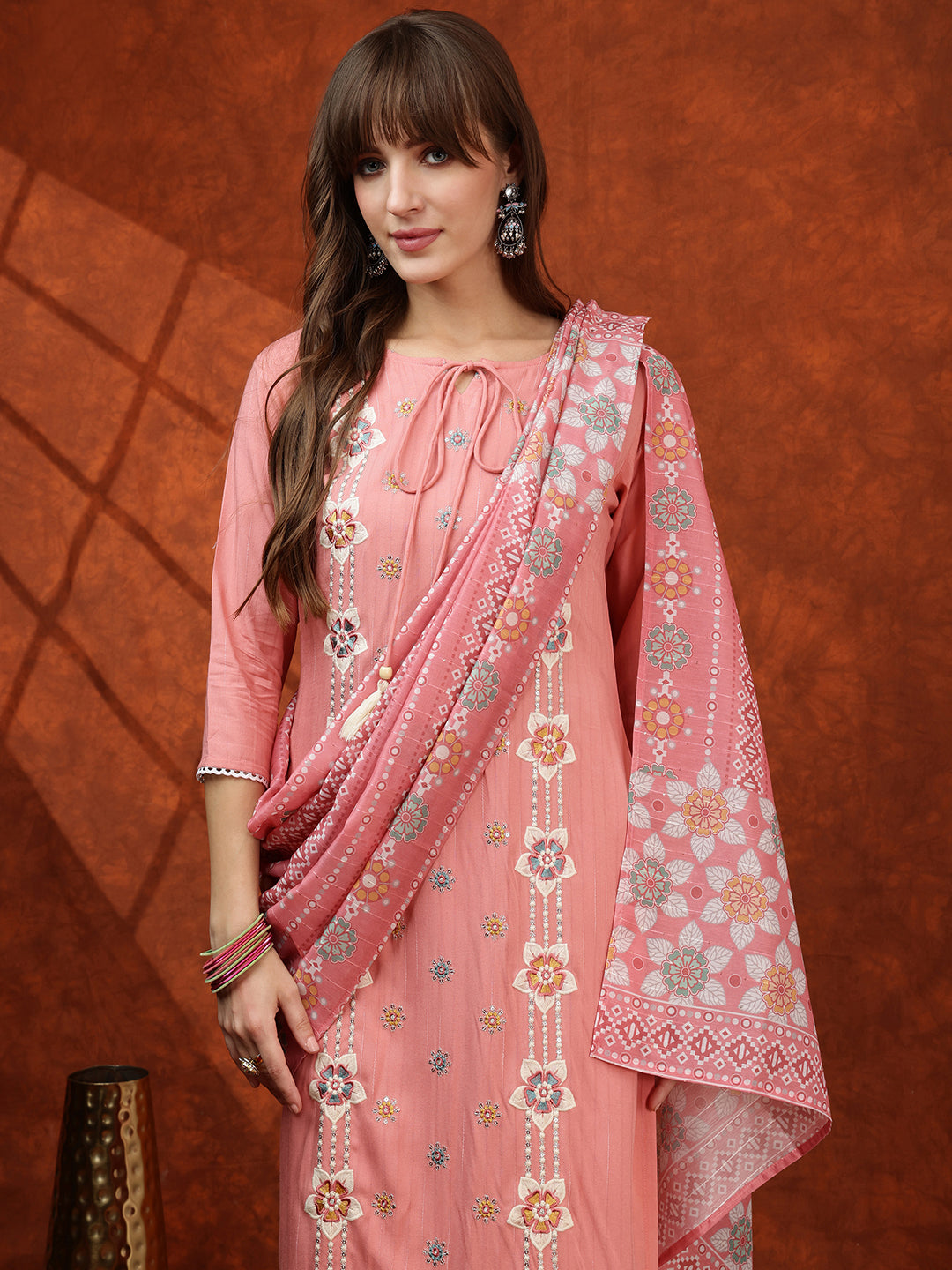 Floral Embroidered Tie Up Neck Kurta With Pant & Dupatta, Pink - Hiral Fashion