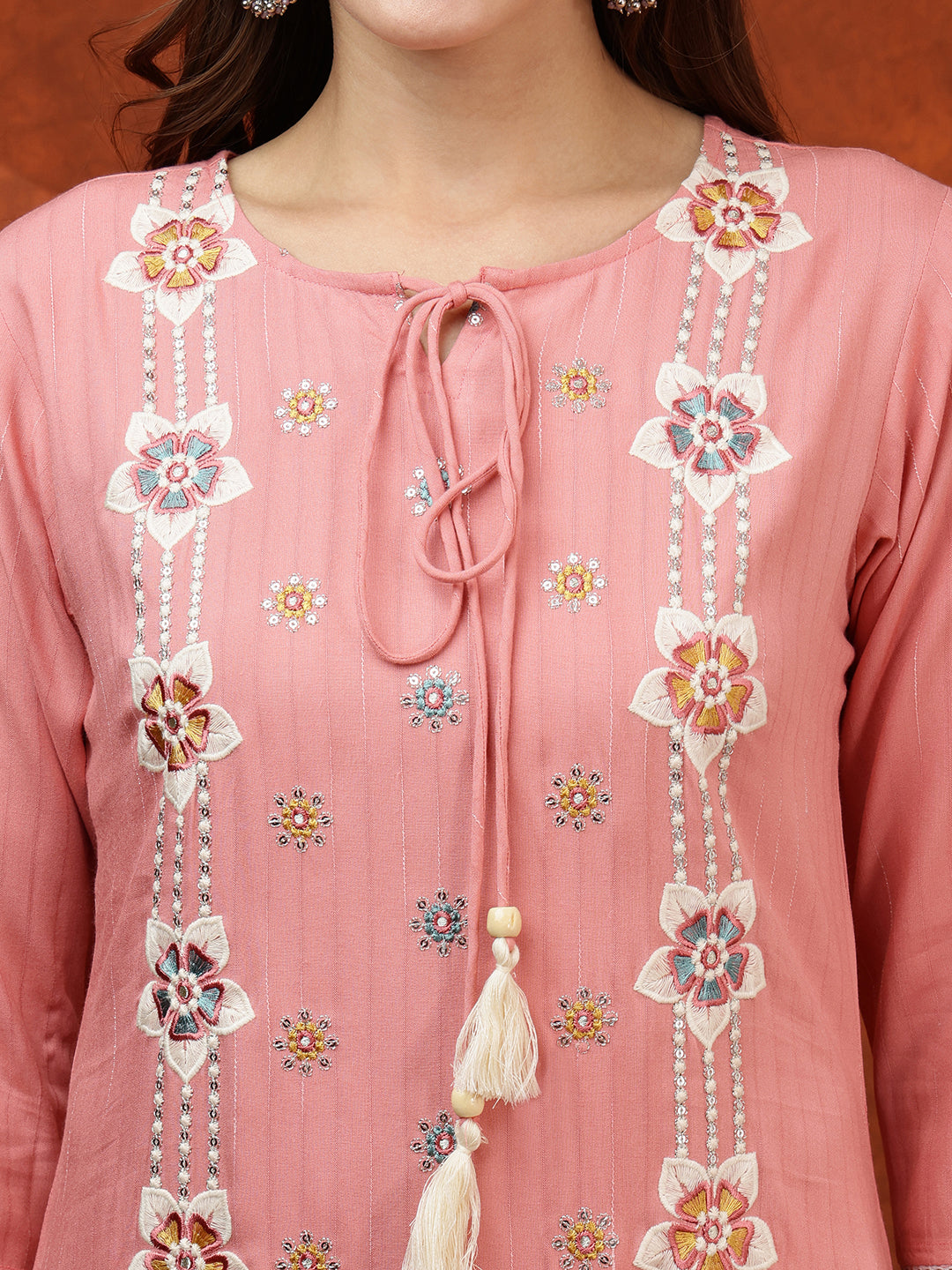 Floral Embroidered Tie Up Neck Kurta With Pant & Dupatta, Pink - Hiral Fashion