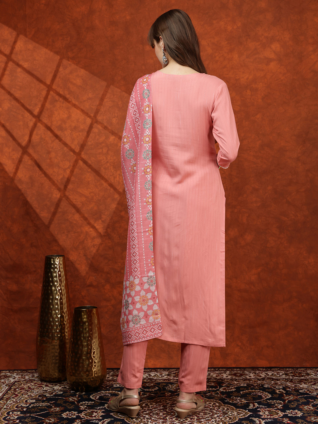 Floral Embroidered Tie Up Neck Kurta With Pant & Dupatta, Pink - Hiral Fashion