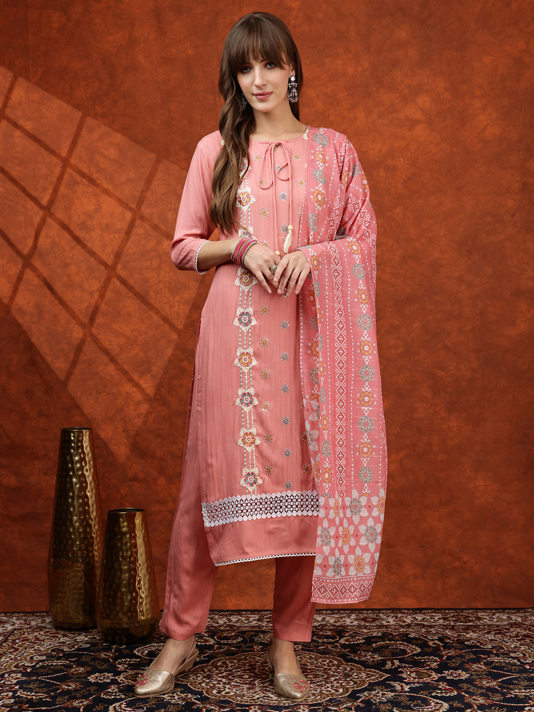 Floral Embroidered Tie Up Neck Kurta With Pant & Dupatta, Pink - Hiral Fashion